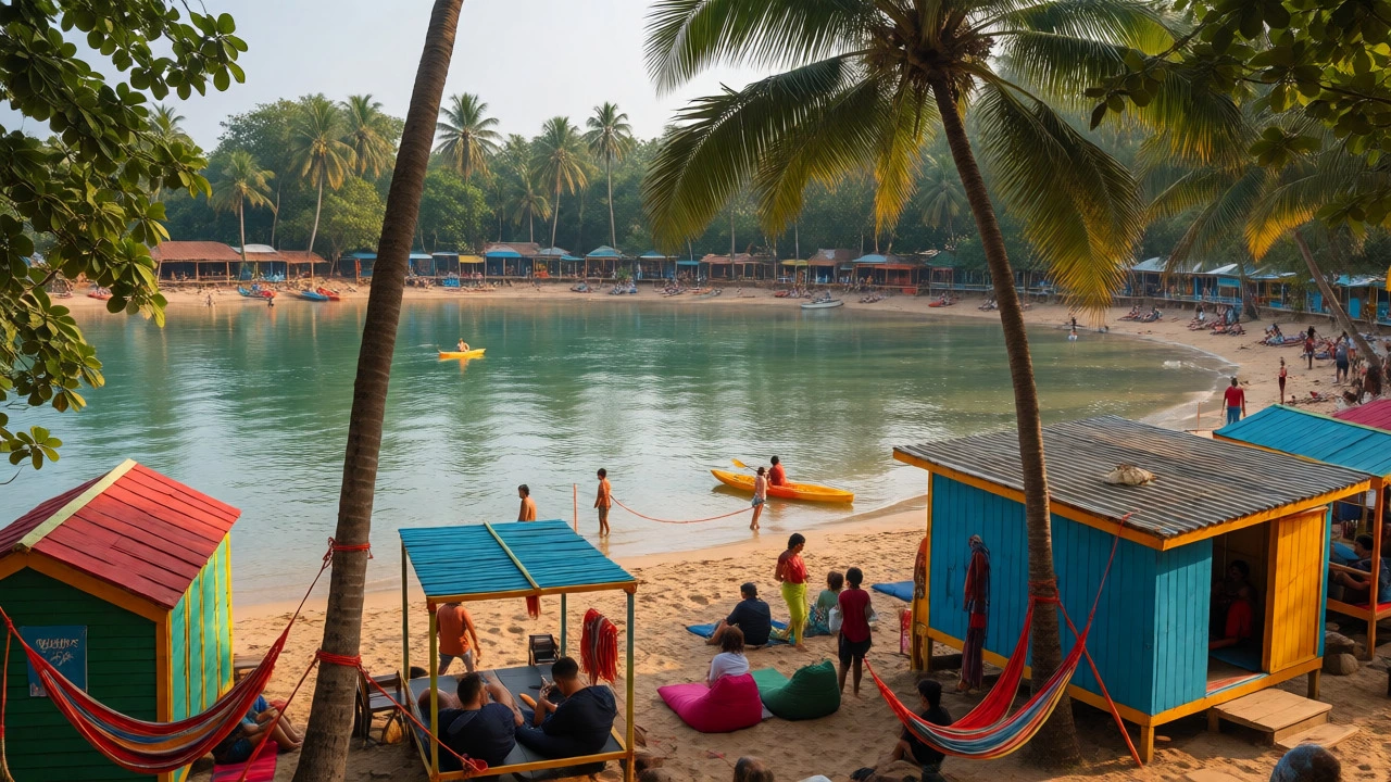 Relaxed tourists at Palolem Beach with shacks and kayaks in calm water