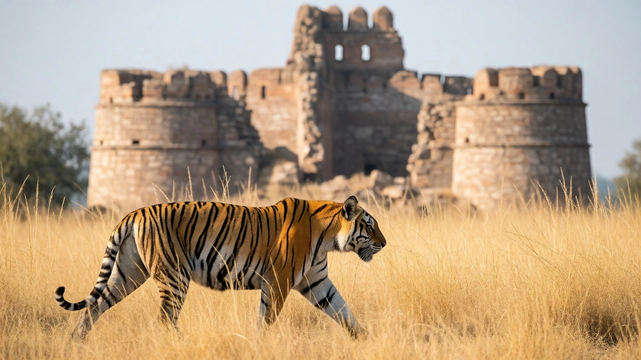 Royal Bengal Tiger walking near ancient fort ruins in Ranthambore National Park, India