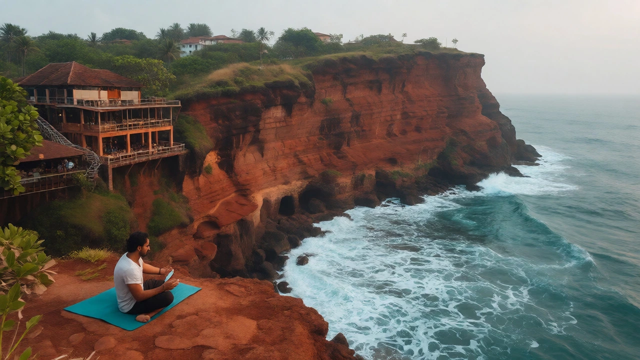 Scenic view of Varkala Cliff in Kerala with cafes overlooking the Arabian Sea