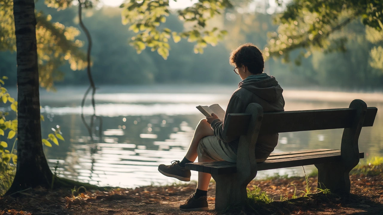 Solo traveler reading by a peaceful lake
