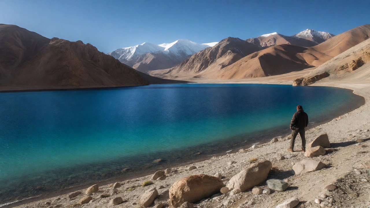 Vibrant turquoise Pangong Lake surrounded by rugged Himalayan mountains in Ladakh.